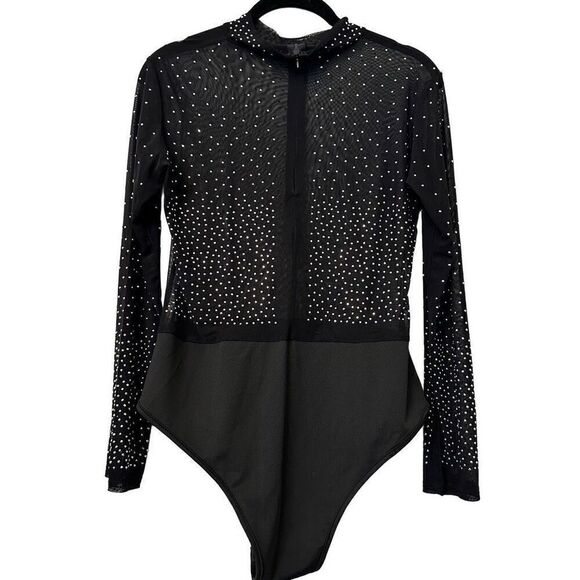 Fashion Nova Talent Rhinestone Studded Mesh Stretch Bodysuit Top Black Size XL - Picture 3 of 3